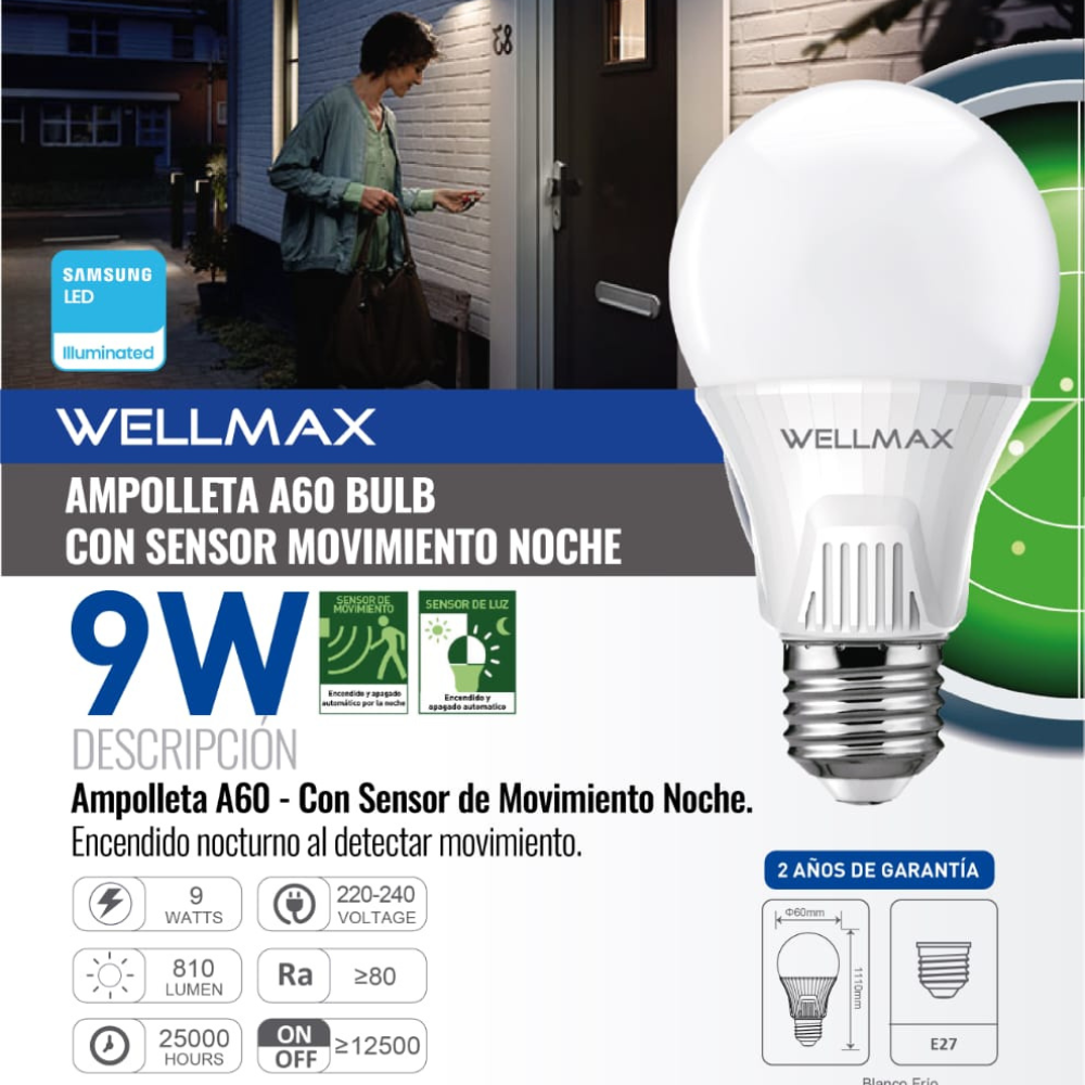 Ampolleta LED 9W Sensor Movimiento (Keaton) - Materiales de Construcción Jurmaq Molina