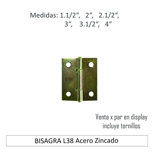 Bisagra L38 4" A. Zincado Con T Dp 2 U - Materiales de Construcción Jurmaq Molina